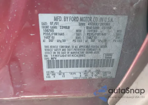 2001 Ford Escape Xlt из США, поврежденный, VIN 1FMYU04181KC63882